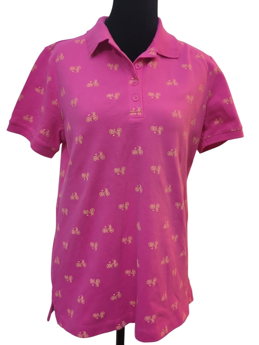 Lands' End NWT Classic Fit Polo Shirt Small 6-8 Pink Gold Bicycle Print Whimsy